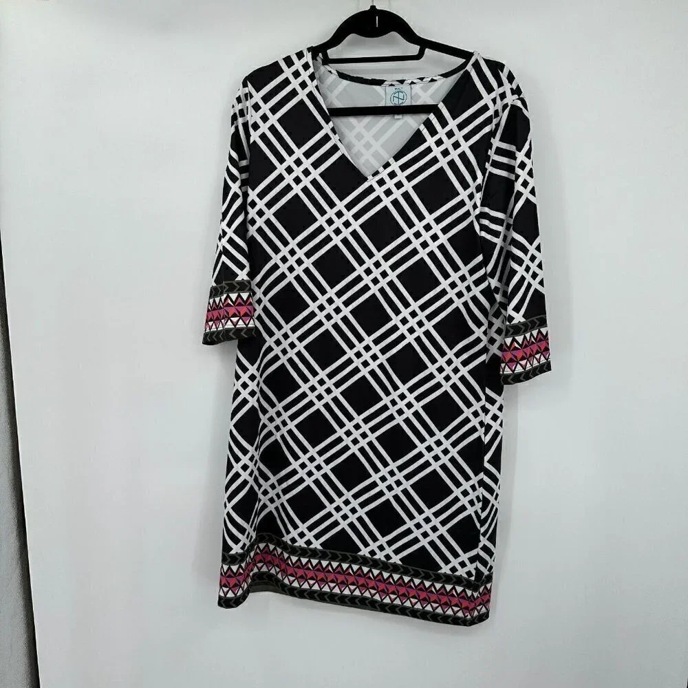 Tracy Negoshian Womens Dress Medium V Neck Multi Color 3/4 Sleeves Geometric